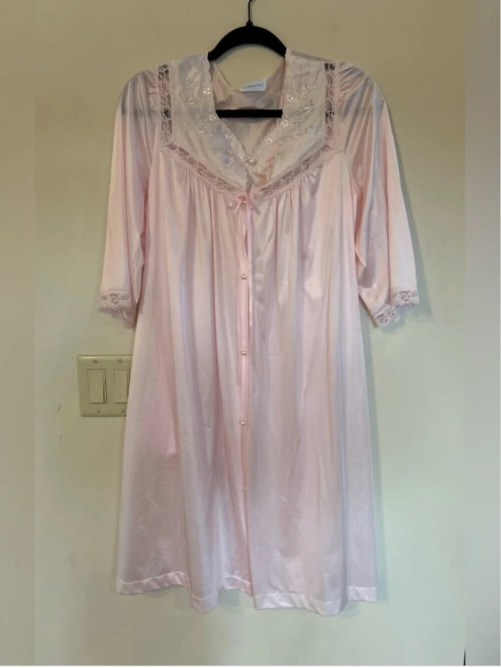 Lorraine vintage pink nylon nightgown with lace trim and button front, size M